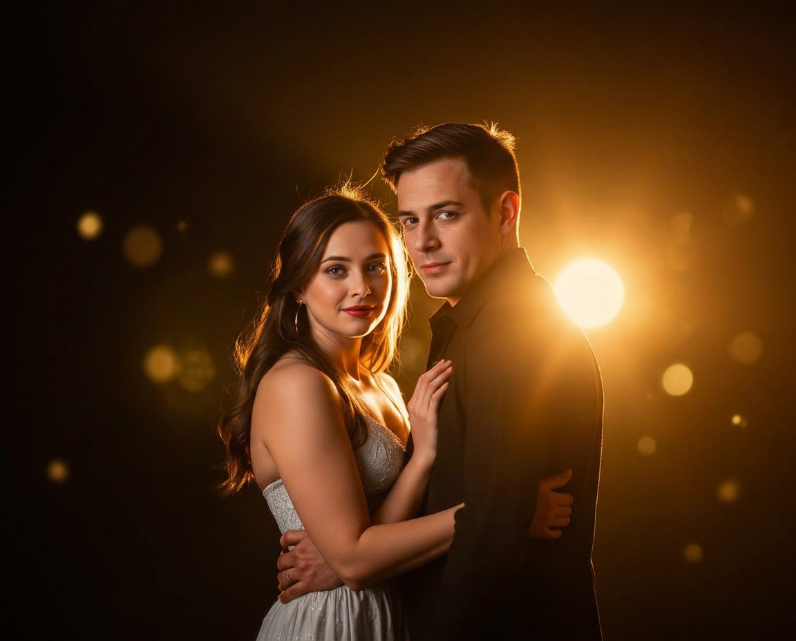 Casal iluminado por luz dourada num estúdio musical
